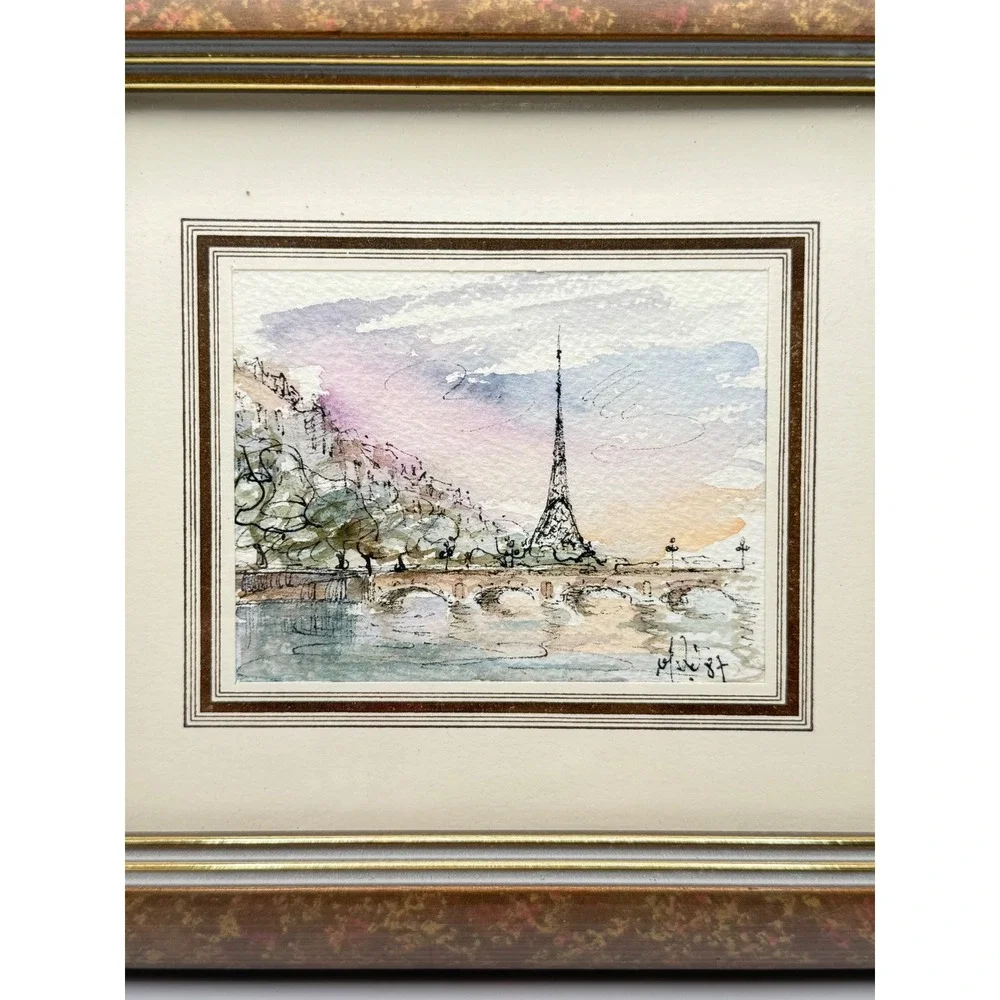 Vintage 1987 miniature Paris Eiffel Tower Original Watercolor Framed Painting - Picture 2 of 5